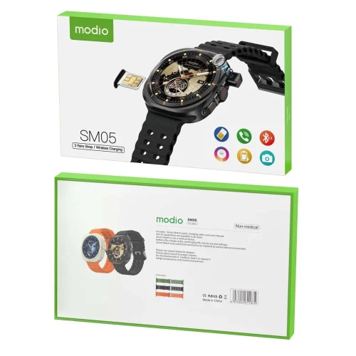 MODIO SM05 SmartWatch Montre Connectée avec Caméra, Puce SIM et 3 Bracelets