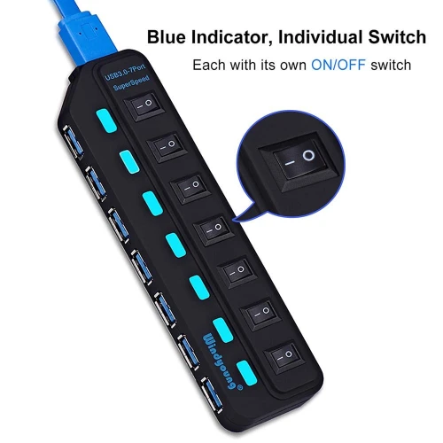 Hub USB 3.0 7 Ports USB Avec Interrupteur Marche/Arrêt Pour PC Linux MacOS Model:704