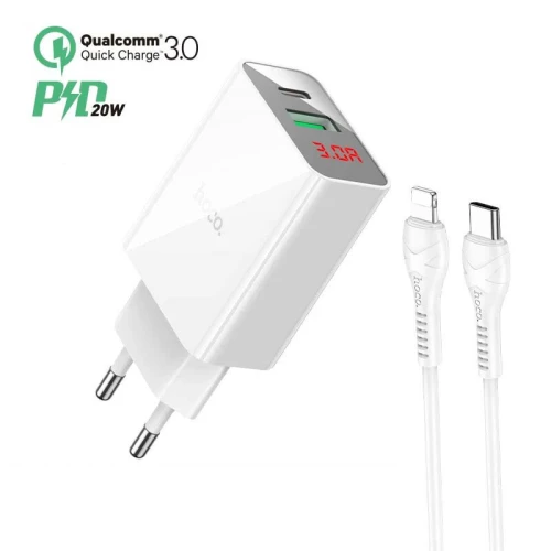 Chargeur Type-c 20W + USB QC3.0 HOCO C100A avec affichage Puissance + Cable USB-c Vers Lightning 1m