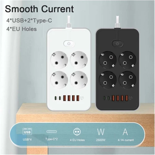 Multiprise Rallonge 4 Ports Prise AC 2500W + Chargeur AUTO-ID 4.1A 4 x USB + 2 x USB-C 2m Q604