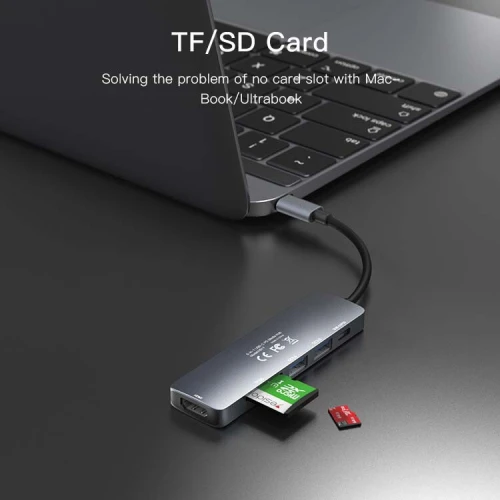 HUB Adaptateur 6 en 1 Type-c vers HDMI 4K + PD 60W USB-C + 2 x USB 3.0 + TF/SD YESIDO HB11