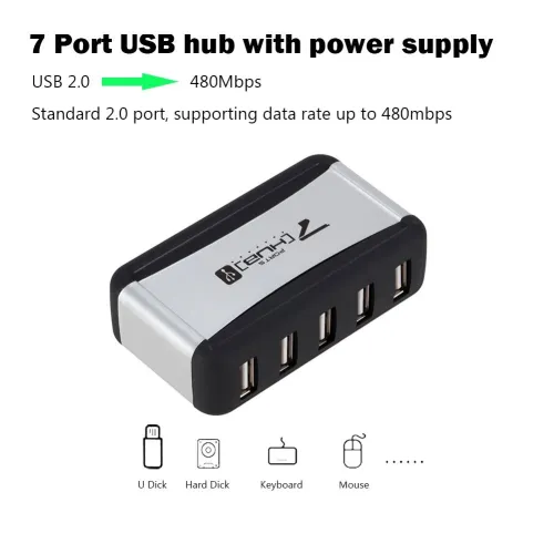 HUB répartiteur USB 2.0 7 ports avec alimentation et support Vertical