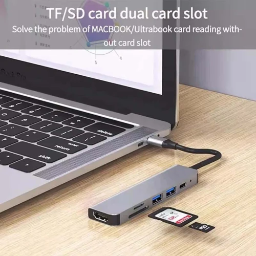 HUB Adaptateur 6 en 1 Type-c vers HDMI 4K + PD 87W USB-C + 2 x USB 3.0 + TF / SD