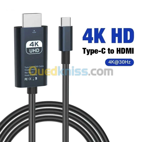 Câble adaptateur USB-C type-c vers HDMI 4K 30hz 2m compatible Thunderbolt 3