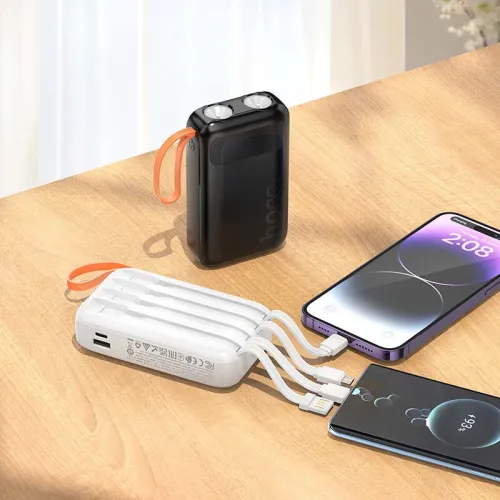 HOCO J15 Power Bank 10000mAh 4 câbles intégrés Type-c Lightning Micro USB + 2 lampes LED PD20W QC3.0