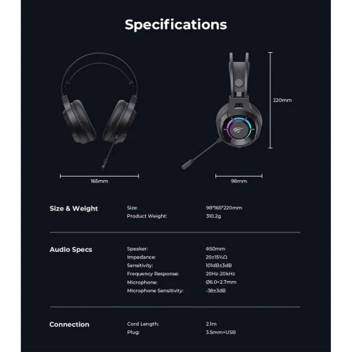 HAVIT H2049D Casque Gaming Filaire Jack 3.5mm RGB avec Microphone
