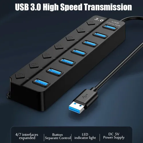 Hub USB 3.0 7 Ports USB Avec Interrupteur Marche/Arrêt Pour PC Linux MacOS Model:704