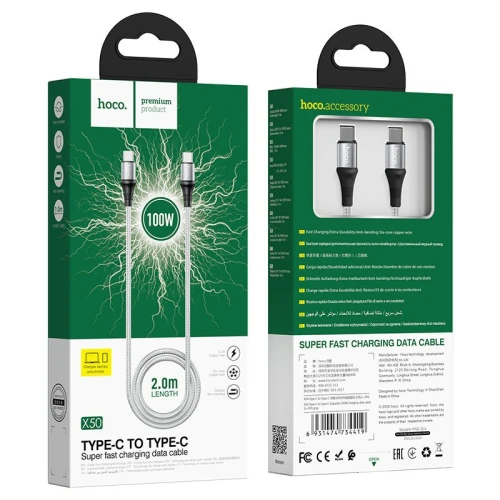 Câble de Charge et de Données HOCO X50 USB-C Type-c to vers Type-c 100W 5A 1m 2m