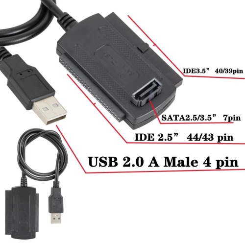 Adaptateur Convertisseur 3 en 1 USB 2.0 to SATA IDE avec Alimentation pour HDD 3.5" 2.5" Graveur DVD