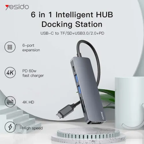 HUB Adaptateur 6 en 1 Type-c vers HDMI 4K + PD 60W USB-C + 2 x USB 3.0 + TF/SD YESIDO HB11