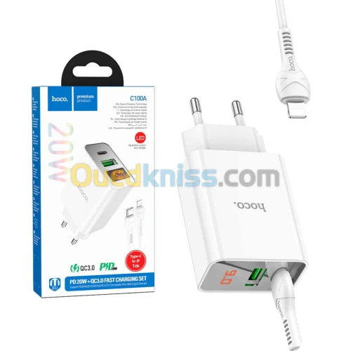 Chargeur Type-c 20W + USB QC3.0 HOCO C100A avec affichage Puissance + Cable USB-c Vers Lightning 1m