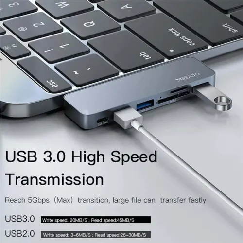 HUB Adaptateur 6 en 1 Double Type-c vers PD + 3 x USB 3.0 + Carte Micro SD / SD YESIDO HB10