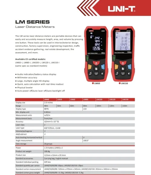 UNI-T LM - Télémètre laser intérieur / extérieur 40/60/80/100m (RoHS)