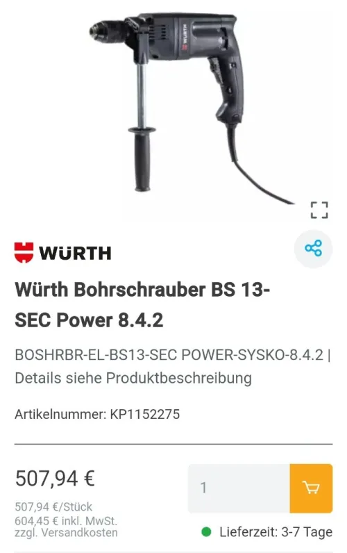 Perceuse visseuse électrique 1200W compact et puissante 110Nm WURTH BS 13 (2021-Germany)