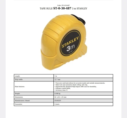 Mètre ruban STANLEY 3m x 12.7mm (0-30-487)