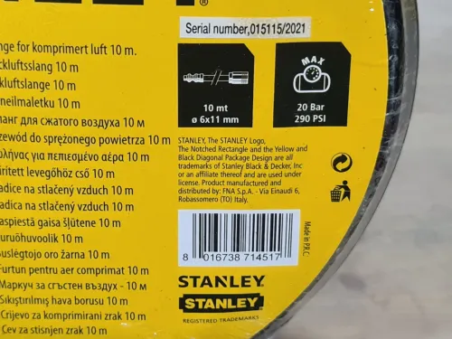 Flexible d'air comprimé 20 Bar avec raccords rapide 6 x 11mm STANLEY 10/20 mètres