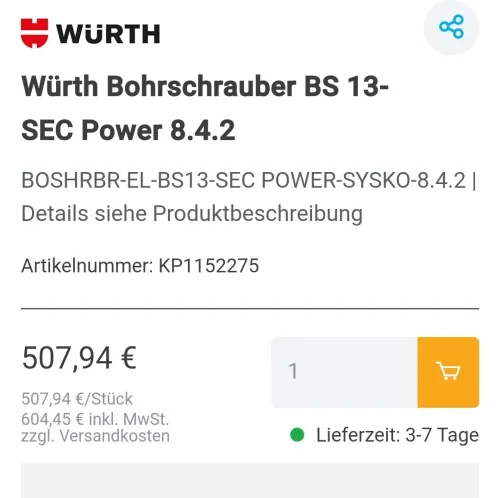 Perceuse visseuse électrique 1200W compact et puissante 110Nm WURTH BS 13 (2021-Germany)
