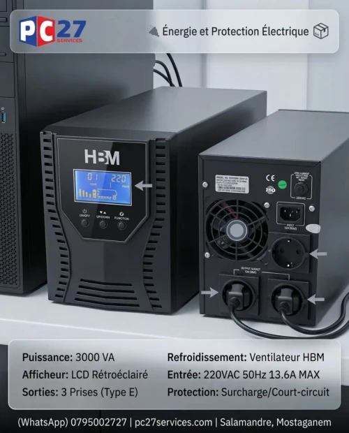 ONDULEUR UPS 3000 VA +AFFICHEUR LCD 3S PRISE + FAN HBM Ref : 4499