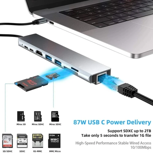 ADAPTATEUR TYPE C TO 3USB +VGA+HDMI+TF RES GIGA 8IN1 /REF: 3928 Station d'accueil