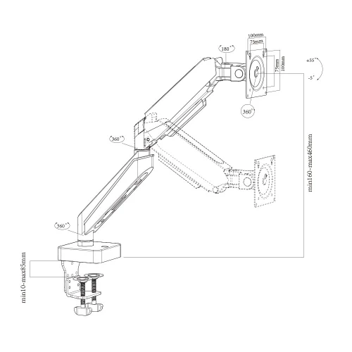 SUPPORT ECRAN 01 BRAS, A GAZ:10"-40",20KG [ CT-LCD-DSA1801V ] REF:6314