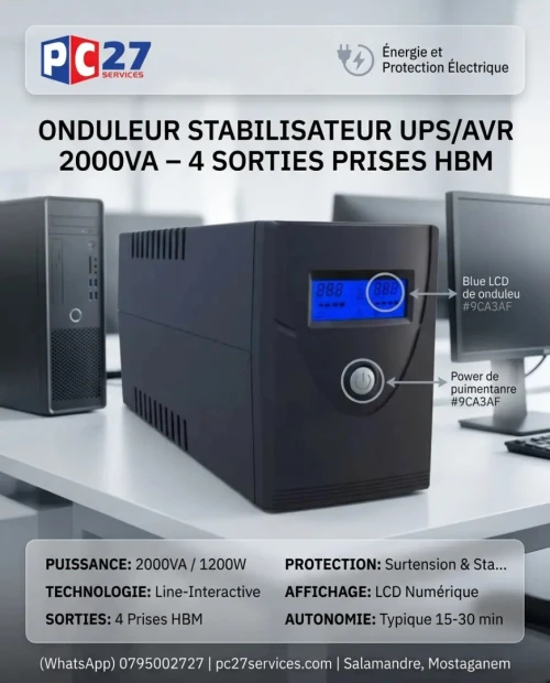ONDULEUR STABILISATEUR UPS/AVR 2000VA - 4 SORTIES PRISES HBM Ref : 4522