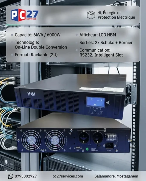 ONDULEUR ON-LINE DOUBLE CONVERSION 6KVA RACKABLE AVEC AFFICHEUR HBM Ref : 4538