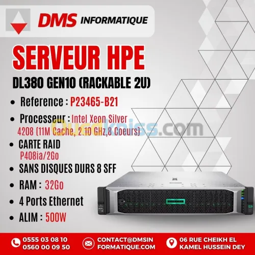 SERVEUR HPE DL380 Gen10 Intel Xeon Silver 4208 /32Go /SANS DISQUES DURS 8 SFF SANS LECTEUR DVD /500W