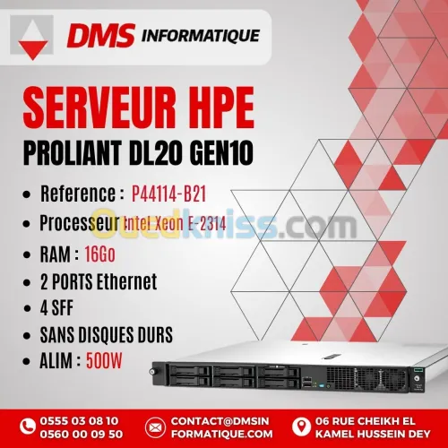 Serveur HPE ProLiant DL20 Gen10+ Rackable 2U Intel Xeon E-2314 16 Go