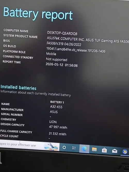 ASUS TUF Gaming A15 Couleur Blue AMD RYZEN 7 4800H NVIDIA RTX 2060 RAM 16GB 512GB SSD