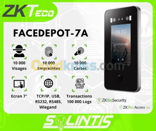 Terminal de reconnaissance faciale pour contrôle d'accès et pointage ZKTeco FaceDepot 7-A