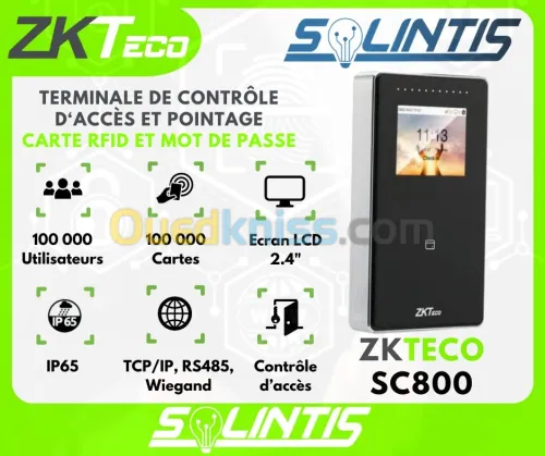 Contrôle d'accès autonome avec carte RFID et PIN ZKTeco SC800, capacité de 100 000 utilisateurs