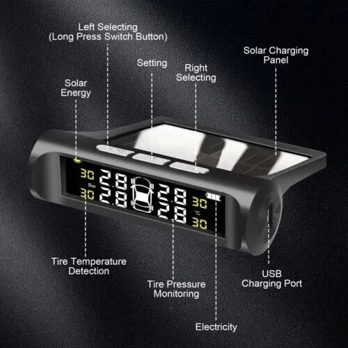 Système de surveillance de la pression des pneus de voiture TPMS solaire sans fil avec écran LCD et 4 capteurs internes
