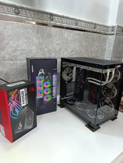 PACK PC GAMER BOITE AURES POWER SUPLY ROG STRIX GOLD 850 WAT WATER COLING RAIDMAX 3 VONTILO RGB WHITE