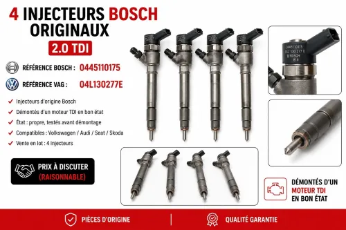 4 Injecteurs Bosch originaux Référence Bosch: 0445110175 Référence VAG: 04L130277E État propre, démontés d'un moteur TDI. Prix à discuter.