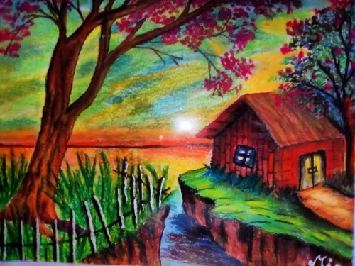 Tableau paysage pastel -Fait main- Encadré 