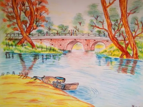 Tableau paysage pastel -Fait main- Encadré 