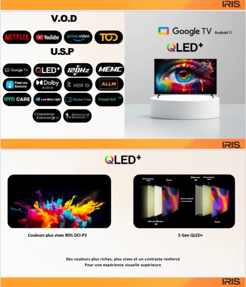 TV IRIS 60" Q7020 QLED+ GOOGLE TV 4K 120 HZ UHD SMART ANDROID 14  60 POUCES