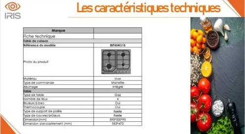 TABLE DE CUISSON IRIS 4 FEUX INOX IBP604G1S