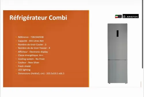 ARISTON REFRIGERATEUR COMBINÉ 355 L INOX NO FROST COMPRESSEUR INVERTER