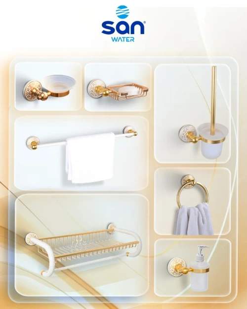 'ACCESSOIRES DE SALLE DE BAIN EN ALUMINUM - 7 PIÈCES SÉPARÉES - BLANC DORE  - INOXYDABLE DE LA MARQUE SAN WATER