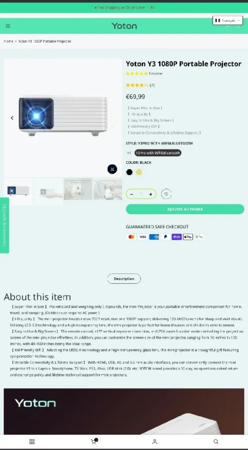 Vidéoprojecteur datashow Yoton Y3 WIFI 120 Ansi Lumens ضمان 30 يوم