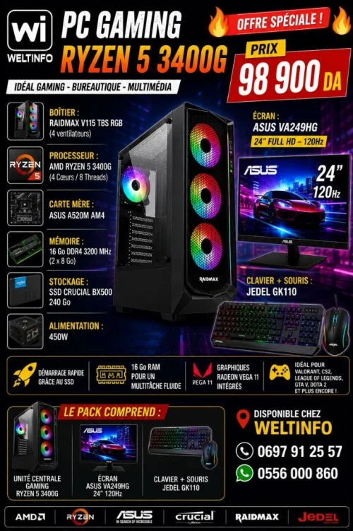 PC GAMING RYZEN 5 3400G + ÉCRAN ASUS 24" 120Hz