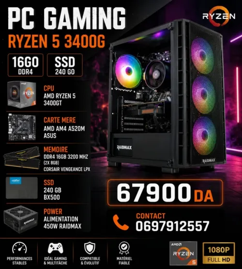 PC GAMING / RYZEN 5 3400G - RAM 16GO DDR4 - SSD 240 GO