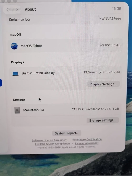MacBook Air M4 2024 Argent | PUCE M4 8 CORE | GPU 8 CORE | 16GB RAM | 256GB SSD | CYCLES 57 | CAPACITÉ  BATTERIE 100%