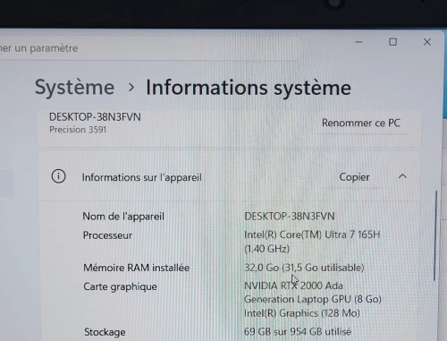 DELL PRECISION 3591 | CORE Ultra 7 165H | NVIDIA RTX 2000 ADA GEN 8GB | 1To NVMe SSD | 32GB RAM | WORKSTATION