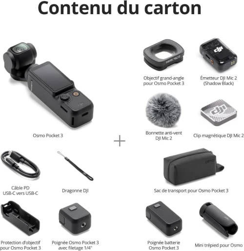 DJI Osmo Pocket 3 Créateur Combo Bundle, camera vlog CMOS 1'' et Vidéo 4K/120 ips, digital et petite, Stabilisation à 3 axes, Suivi Facial/Objet, MAP rapide, avec Micro pour un Son net