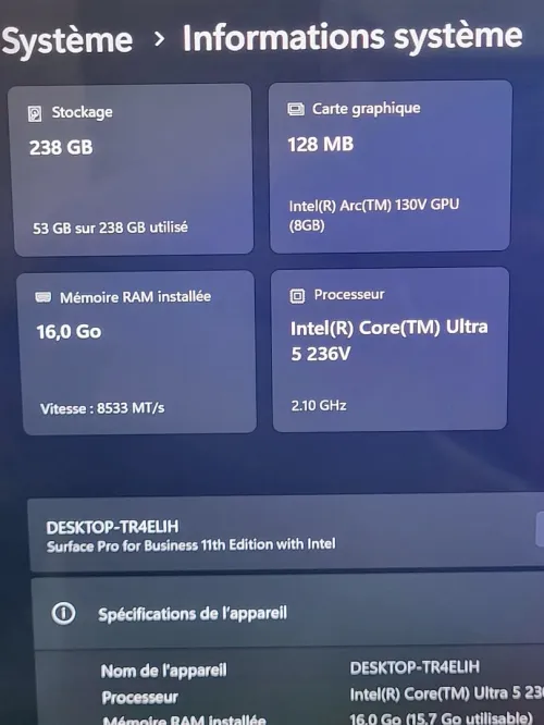AI Microsoft Surface Pro 11 Copilot+ | OLED 2.8K 13" Tactile 120 Hz | INTEL CORE Ultra 5 236V | 16GB RAM | 256GB RAM | Arc Graphics 130V 8GB | Platine Tablette | Hybride 2-en-1