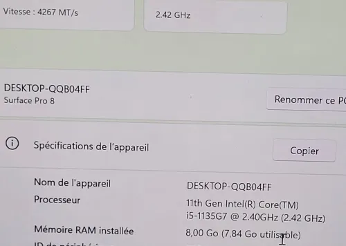 MICROSOFT SURFACE Pro 8 TACTILE - INTEL 11EME GEN i5-1135U - 8GB RAM - 512GB SSD - QHD 2880 x 1920
