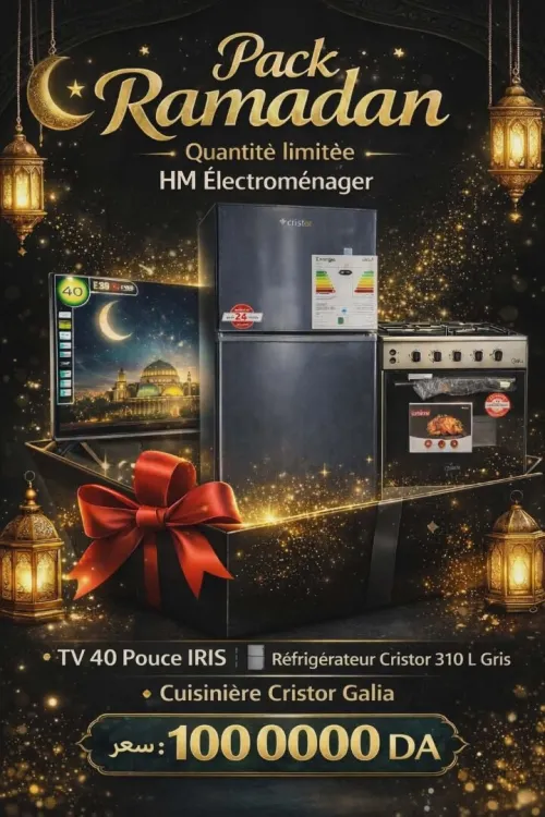 PACK RAMDAN 3 Pièces b 99900Da Réfrigérateur Cristor 310L Gris +Cuisinière 4feux Cristor+Tv Iris 40p