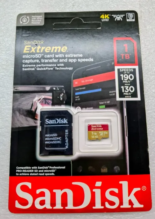 SANDISK EXTREME 1TB - CARTE MÉMOIRE MICRO SD - 190 MB/S - UHS-I / V30 - 4K / 8K - AVEC ADAPTATEUR SD